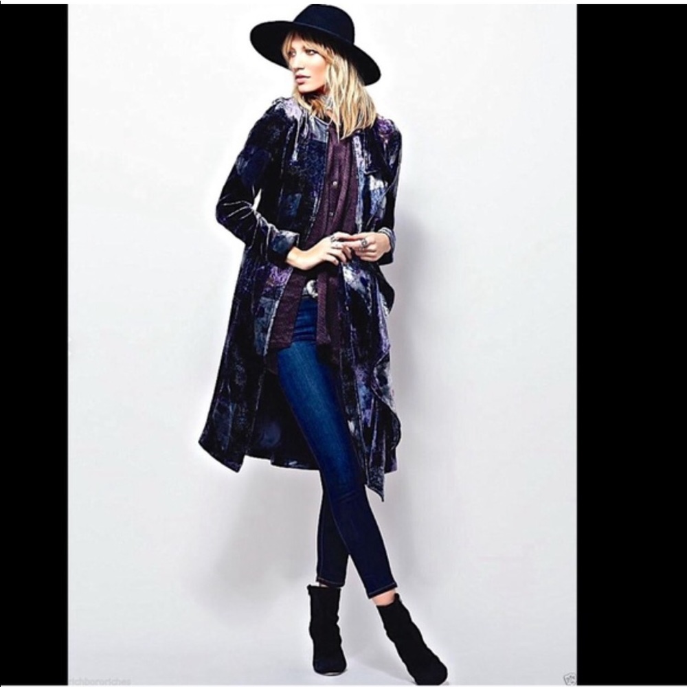 Free People Printed Patchwork Velvet Ruffle Duster Coat M